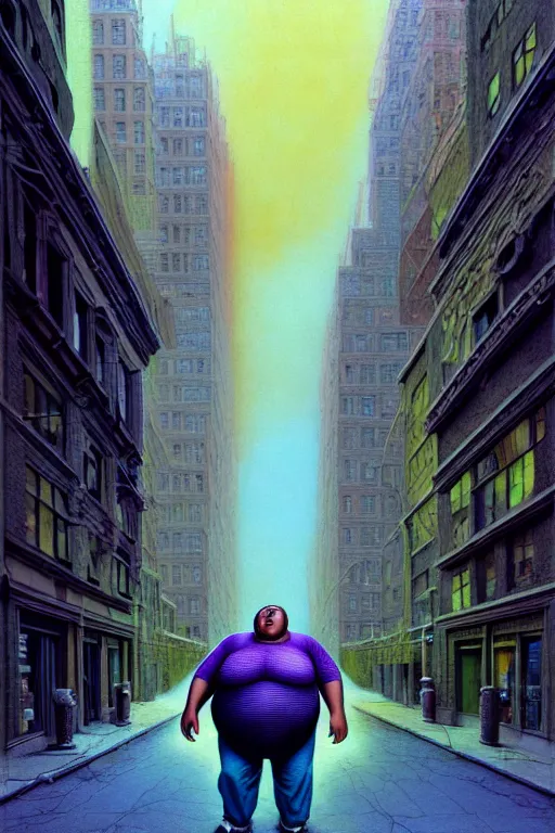 Image similar to hyperrealistic mixed media painting of a morbidly obese man, full body, on an empty city street at midnight, shame, stunning 3d render inspired art by P. Craig Russell and Barry Windsor-Smith + perfect facial symmetry + dim volumetric lighting, 8k octane beautifully detailed render, post-processing, extremely hyperdetailed, intricate, epic composition, grim yet sparkling atmosphere, cinematic lighting + masterpiece, trending on artstation, very very detailed, masterpiece, stunning