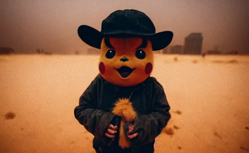 Prompt: cinestill 5 0 d candid photographic portrait by helen levitt of pikachu on a desolate plain, extreme closeup, modern cyberpunk moody emotional cinematic, dust storm, 8 k, hd, high resolution, 3 5 mm, f / 3 2, ultra realistic faces, detective pikachu