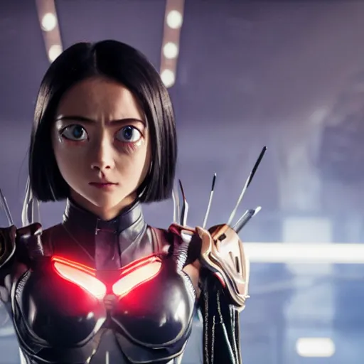 Image similar to cinematic still of kamen rider in alita : battle angel ( 2 0 1 9 ), xf iq 4, f / 1. 4, iso 2 0 0, 1 / 1 6 0 s, 8 k, raw, dramatic lighting, symmetrical balance, in - frame