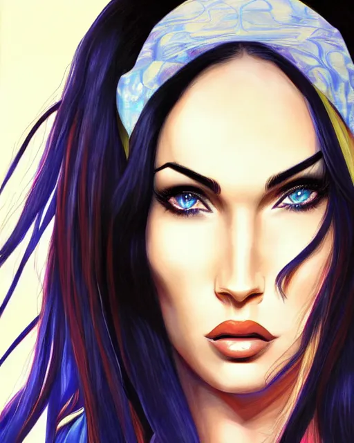 Image similar to portrait of megan fox, beautiful, elegant colorful, inspired by steel ball run manga, artstation trending, deviantart, highly detailed, focus, smooth, illustrated by hirohiko araki