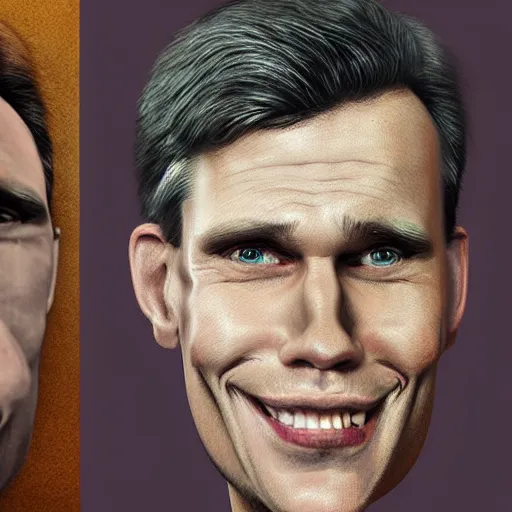 Image similar to Caricature portraits done of Jerma, realistic, hyperrealistic, very realistic, highly detailed, very detailed, extremely detailed, detailed, oil painting, digital art, trending on artstation