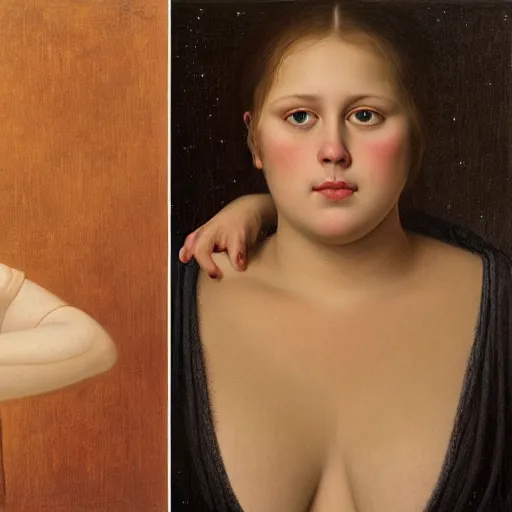 Prompt: portrait of a young girl, plus size, painting by dino valls