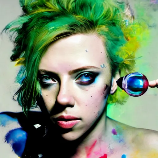 Prompt: drunken scarlett johansson as delirium from sandman, one green colored eye and one blue colored eye, ( hallucinating colorful soap bubbles ), by jeremy mann, by sandra chevrier, by dave mckean and richard avedon and maciej kuciara, 8 0's, punk rock, tank girl, high detailed, 8 k