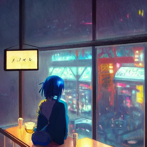 Prompt: beautiful anime painting of a woman with dark-blue hair sitting in a cafe next to a window on a rainy night, outside are neon lights from a dense city, by makoto shinkai, kimi no na wa, artstation, atmospheric, high detail