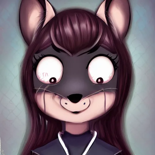 Image similar to headshot of young female furry, maple story, cute, fantasy, intricate, long hair, dark grey skin, mouse face, maplestory mouse, dark skin, mouse head, mouse ears, black hair, elegant, cartoony, Deviantart, artstation, character art of maple story, smooth, sharp focus, illustration, art by Diives