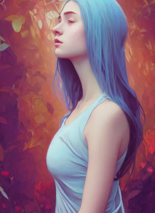 Image similar to handsome young women with shoulder length light blue hair, half body shot, path traced, highly detailed, high quality, digital painting, alena aenami, lilia alvarado, shinji aramaki, karol bak, alphonse mucha, tom bagshaw