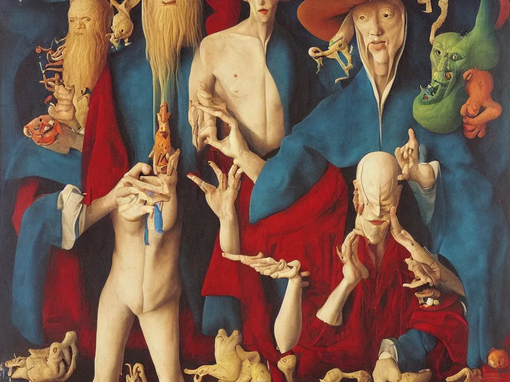 Image similar to Portrait of albino mystic with blue eyes, with demon, devil. Painting by Jan van Eyck, Audubon, Rene Magritte, Agnes Pelton, Max Ernst, Walton Ford