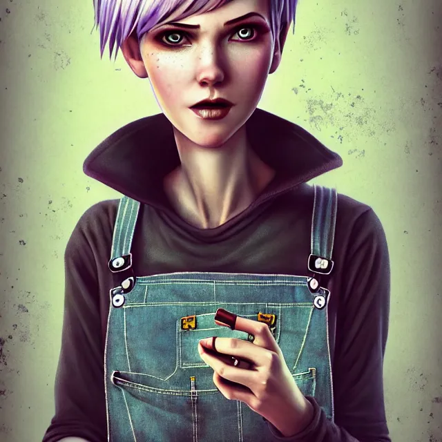 Image similar to full body pose, beautiful adult book fairy, pixar, short white hair shaved sides, dirty, grungy, grunge, long sleeve, painted overalls, stacks of giant books, highly detailed, 4 k, hdr, smooth, sharp focus, high resolution, award - winning photo, artgerm, photorealistic