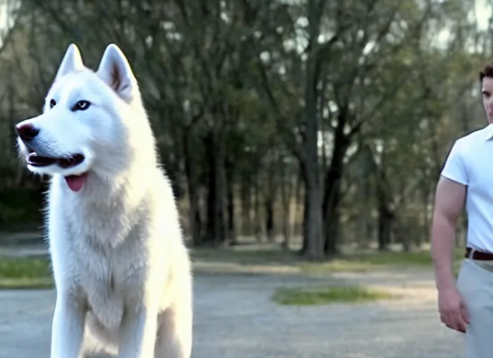 Image similar to film still of an anthropomorphic standing upright man dog white vested husky!!!!!! in a white vest wearing a white vest!!!!! in the new sci - fi movie, 8 k