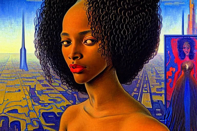 Image similar to realistic extremely detailed closeup portrait painting of a beautiful black woman in a dress with supercomputer robot, city street on background by Jean Delville, Amano, Yves Tanguy, Ilya Repin, Alphonse Mucha, Ernst Haeckel, Edward Hopper, Edward Robert Hughes, Roger Dean, rich moody colours