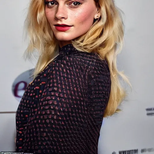 Image similar to a woman who is a genetic combination of margot robbie and emma watson face and upper - body focus