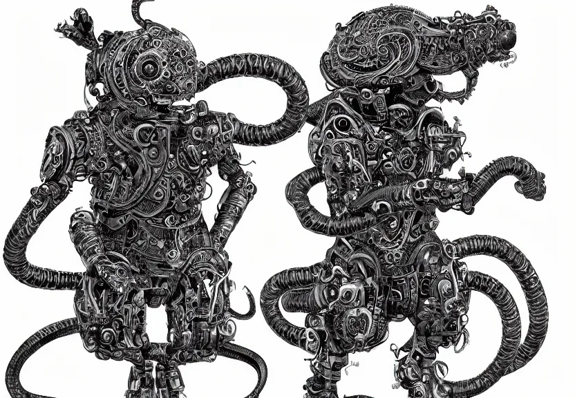 Image similar to spacious highly detailed ornate filigreed convoluted ornamented elaborate cybernetic rat standing in a white void, full body, character design