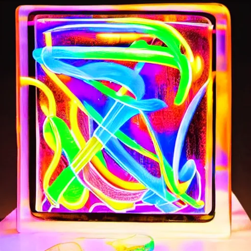 Prompt: a cubist portrait of a glass jello calligraphy cast-glass light-trails sculpture that is made of high-contrast dark polished metal brushstrokes of neon light-trails