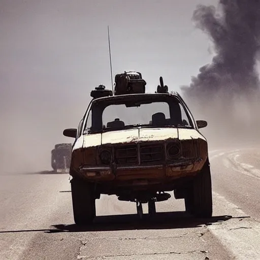 Image similar to mad max style, a car driving in street