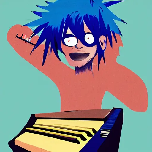 Image similar to 2 d gorillaz playing a keyboard, messy blue hair, portrait, gorillaz style, jamie hewlett, digital art