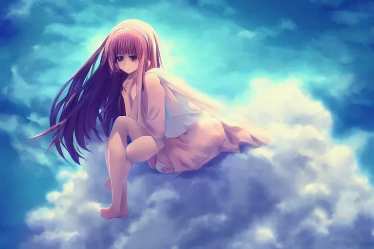 KREA - a cute beautiful anime girl sitting on a cloud relaxing