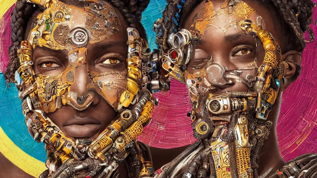 Prompt: a centered realistic portrait of an intricately detailed cyborg with african mask, do - not - tile!!!! perfect face, fine details, lots of thick long braids and electrical cables, colorful - patterns, cyber - punk background, professional studio lighting with subtle shadows, hyper realism, art by tim okamura and karol bak, blender cycles render, 8 k