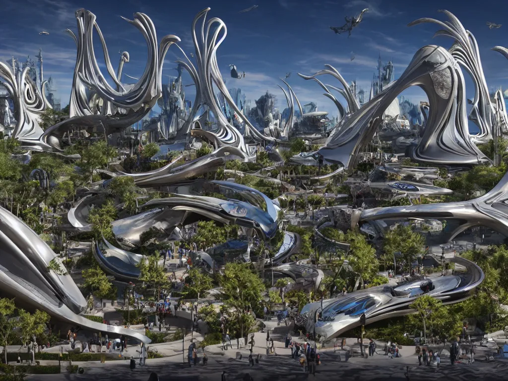 Image similar to a busy elaborate ornate outdoor sci - fi park, cinematic, shadows, partly cloudy day, 4 k, detailed, by zaha hadid and basquiat