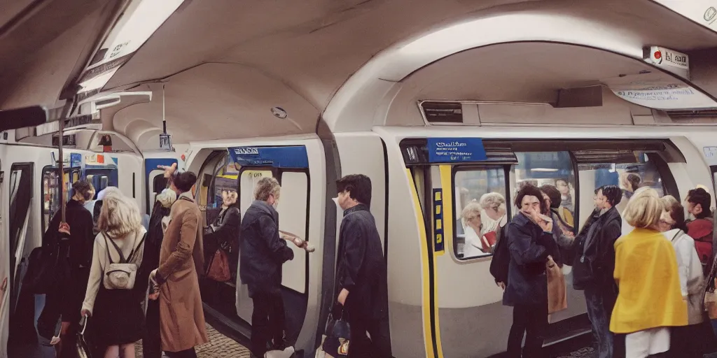 Prompt: photo, london underground, 5 0 mm f / 1. 4, cinestill 8 0 0,