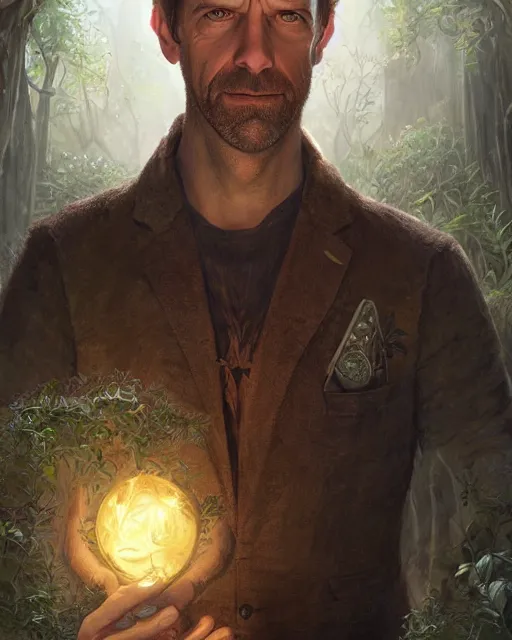 Image similar to detailed portrait of gregory house as a mage, magical, bright spells, fantasy, ruins, overgrown plants, atmosphere, 8 k high definition, insanely detailed, intricate, by charlie bowater, johan grenier