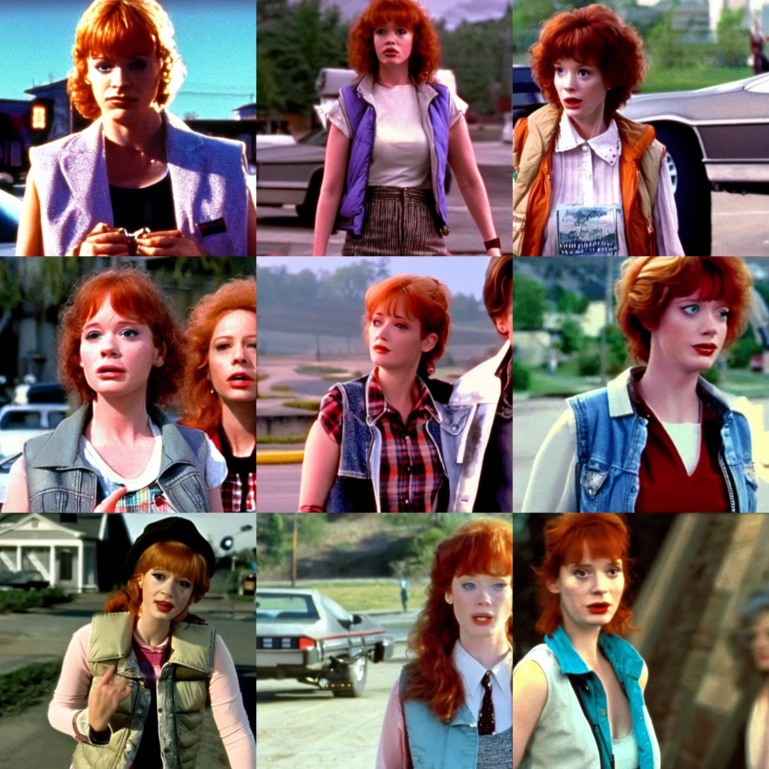 Prompt: female marty mcfly, wearing vest, played by young christina hendricks, back to the future closeup movie still, hill valley in background ( 1 9 8 5 )