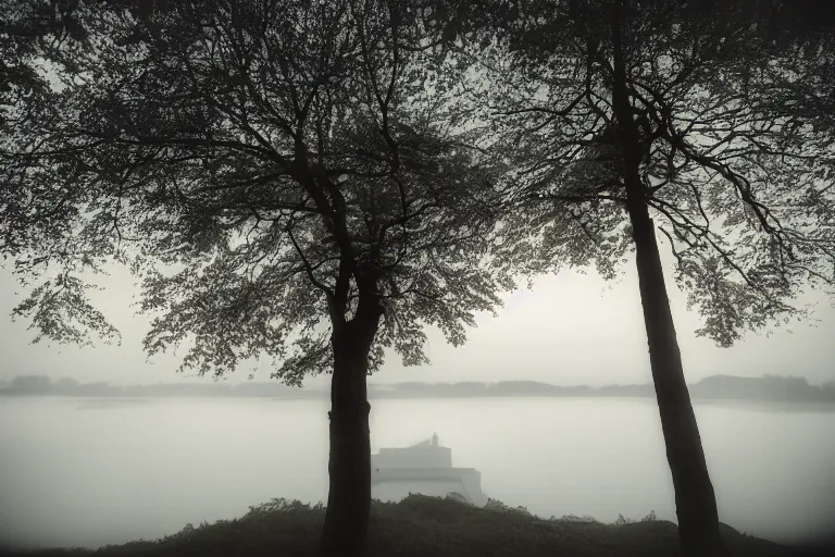 Image similar to low angle wideshot of Suomenlinna, early morning, mist, breathtaking polaroid photo,