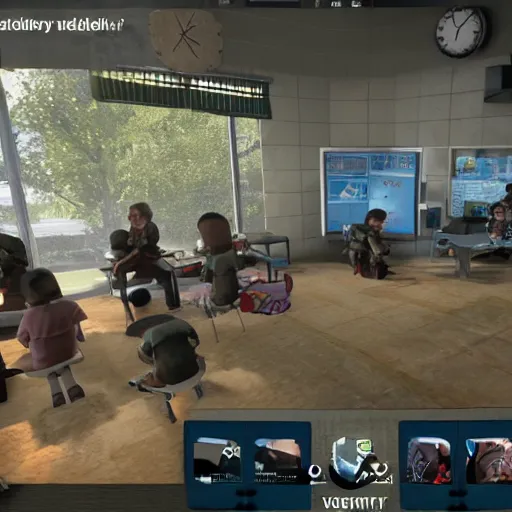 Image similar to screenshot of video game call of duty, inside elementary school, children are sat down at their desks learning