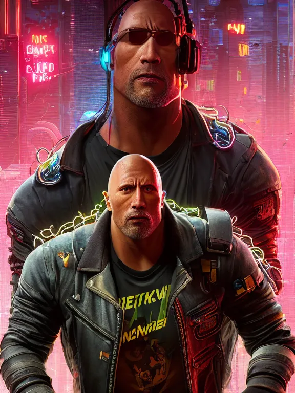 Prompt: a cyberpunk 2077 portrait of Dwayne Johnson arms around a female android complex mess of cables and wires behind them connected to giant computer, love,film lighting, by laurie greasley,Lawrence Alma-Tadema,William Morris,Dan Mumford, trending on atrstation, full of color, highly detailed,8K, octane, Digital painting,golden ratio,cinematic lighting
