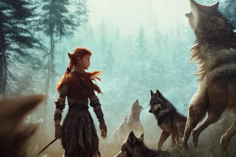 Image similar to photo of Aloy surrounded by happy wolves, highly detailed, photorealistic, reflections, smooth, sharp focus, concept art, illustration, beautiful, geometric, trending on artstation, cinematic, featured on behance , artwork by WLOP and Tran, Ross