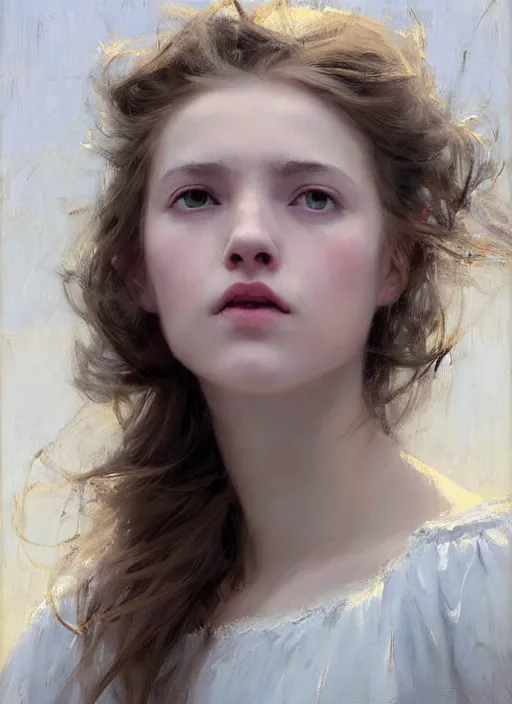 Image similar to portrait of girl dressed in white clothes , countryside, fantasy character portrait, dynamic pose, above view, view from above, sunny day, thunder clouds in the sky, artwork by Jeremy Lipkin and Giuseppe Dangelico Pino and Michael Garmash and rob rey, very coherent symmetrical artwork, perfect face, simple form, 100mm