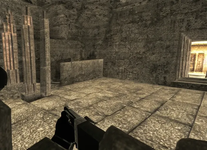 Prompt: a lonely temple next to an ancient city. screenshot of goldeneye. nintendo 6 4 ( 1 9 9 6 )