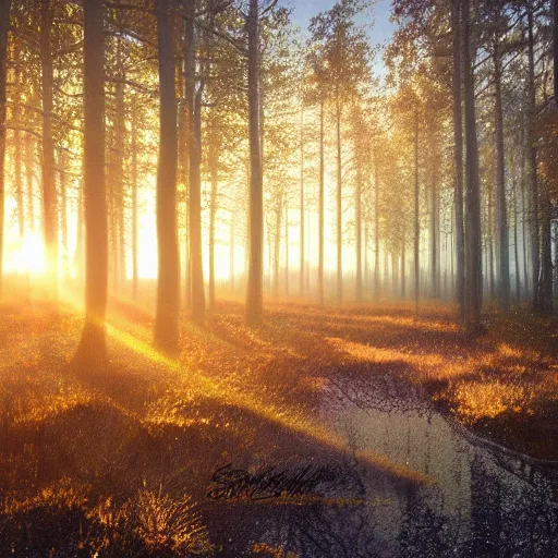 Image similar to sunrise nordic forest, sparkling spirits, detailed wide shot, crayon, ground detailed, wet eyes reflecting into eyes reflecting into infinity, beautiful lighting