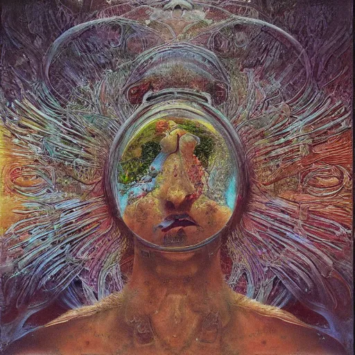 Image similar to an oil painting by botticelli, by arcimboldo, by yoshitaka amano, by beksinski seen through a kaleidoscope, detailed, high resolution