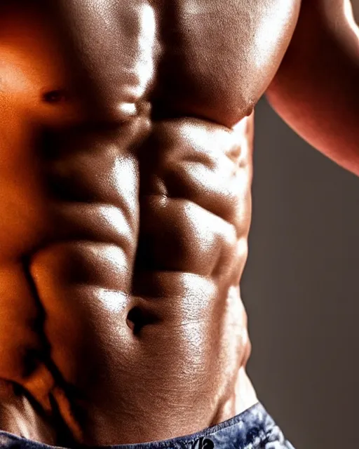 Image similar to extreme closeup of anonymous abdominal muscles, wearing shorts and highcut top, very sweaty, backlit, studio lighting, intricate detail, beautiful composition, extremely muscly bodybuilder by frank frazetta