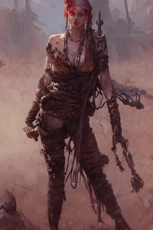 Image similar to a full body portrait of a beautiful post apocalyptic offworld butchers district bedouin blind pulp fiction scarlet wild rogue barbarian leper begging by the roadside, intricate, elegant, highly detailed, digital painting, artstation, concept art, smooth, sharp focus, illustration, art by krenz cushart and artem demura and alphonse mucha