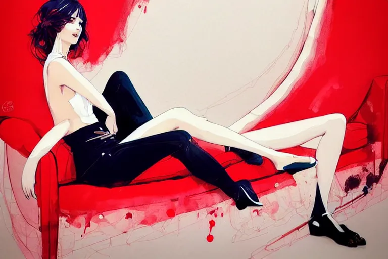 Image similar to a ultradetailed beautiful painting of a stylish woman sitting on a couch, by conrad roset, greg rutkowski and makoto shinkai trending on artstation