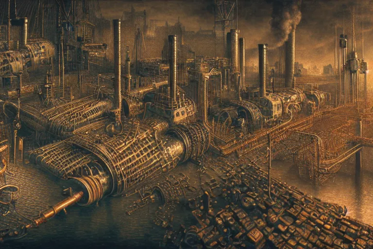 Image similar to an elaborate penned illustration of a apocalyptic intricate connected city of tubes and pipes, muted colors, copper pipers, by jan van haasteren and jheronimus bosch, unreal engine, physically based rendering, ariel view, tilt - shift, grim, moody, shiny, industrial, water, smoke, reflective, cinematic, isometric