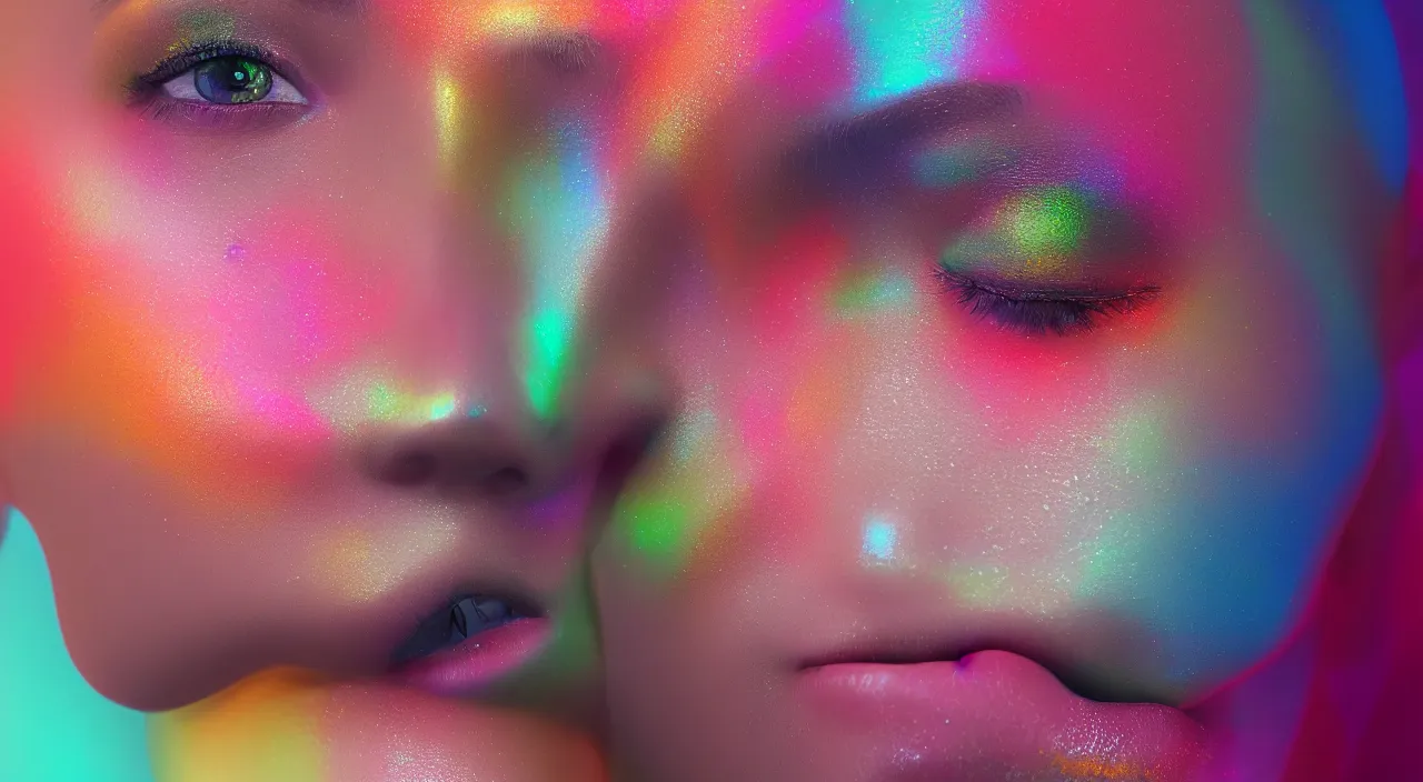 Image similar to beautiful woman with the colours from a prism on her face, closeup, 70mm, trending on artstation, octane render,