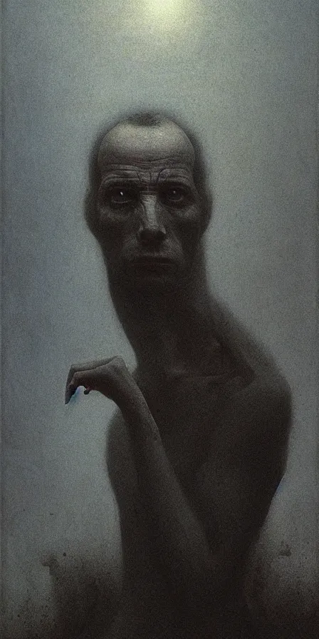 Prompt: portrait of a man filled with despair, shameful pose, apathetic expression, by Zdzislaw Beksinski, gothic, amazing details, cold hue's, warm tone gradient background