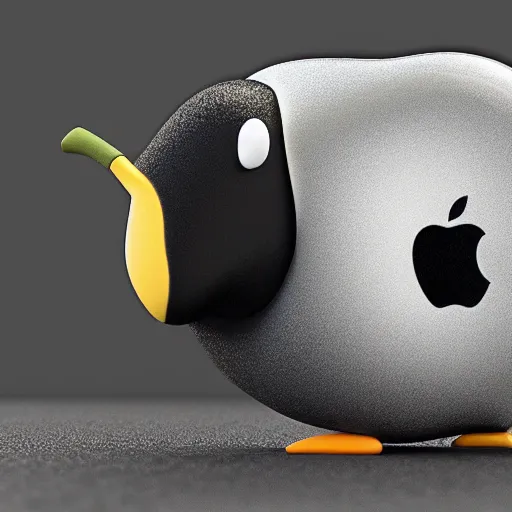 Image similar to a GNU Pinguin shitting on the Apple logo, octane rendering