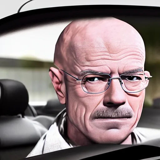 Image similar to a car which looks like walter whites head, high def, 8 k hd, realistic, highly detailed,