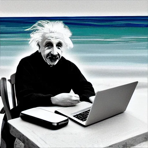 Image similar to Einstein working on beach with MacBook in AirPods digital art