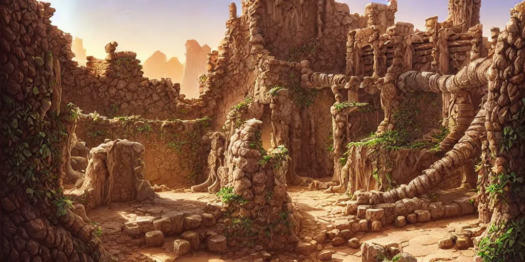 Prompt: a fantasy desert oasis landscape, ruins, bones, grottoes, arid ecosystem, digital illustration by michael whelan and leyendecker and artgerm, intricate details, surreal, photorealistic, award winning