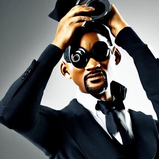 Prompt: will smith wearing big steampunk googles, photo by gustave baumann