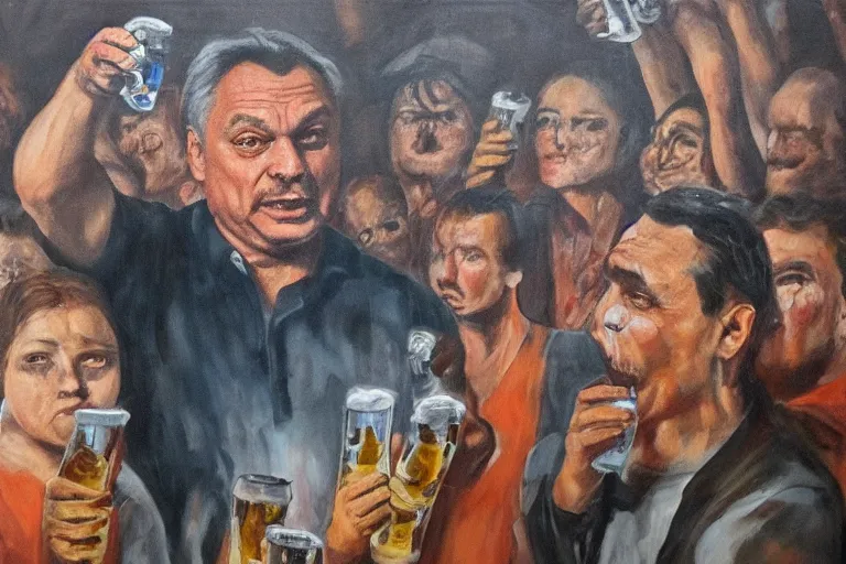 Image similar to viktor orban drinking beer and cheering at the apocalyse in front a burning city, highly detailed eyes, oil on canvas