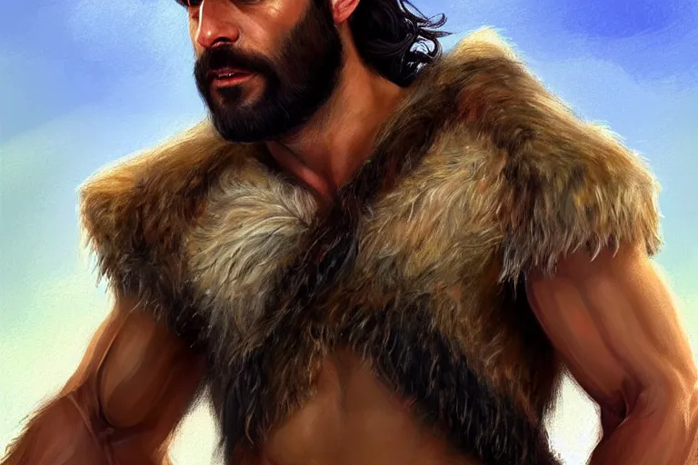 Image similar to painterly full body portrait of a gruff biblical ranger with a wolf, lean and toned, handsome face, hairy chest and hairy body, D&D, intricate, elegant, highly detailed, digital painting, artstation, concept art, matte, sharp focus, chiaroscuro, well lit, illustration, art by Artgerm and Greg Rutkowski and Alphonse Mucha