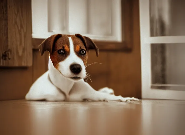 Image similar to photography of a Jack Russel . watching outside the window. on a bed. in a 70's room full of vinyls and posters, photorealistic, award winning photo, 100mm, sharp, high res