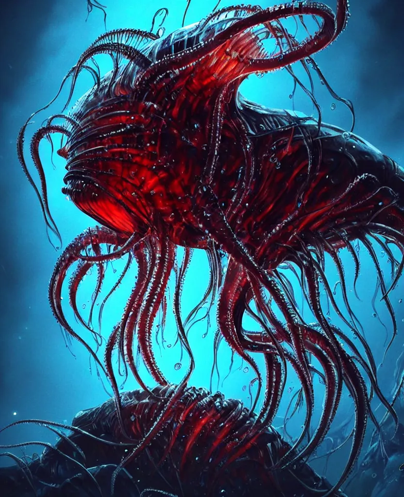 Prompt: The Thing (John Carpenter), epic angle and pose, symmetrical artwork, 3d with depth of field, blurred background, cybernetic jellyfish female face skull phoenix bird, translucent, nautilus, energy flows of water and fire. a highly detailed epic cinematic concept art CG render. made in Maya, Blender and Photoshop, octane render, excellent composition, cinematic dystopian brutalist atmosphere, dynamic dramatic cinematic lighting, aesthetic, very inspirational, arthouse. y Greg Rutkowski, Ilya Kuvshinov, WLOP, Stanley Artgerm Lau, Ruan Jia and Fenghua Zhong