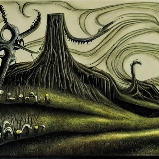 Image similar to painting of a landscape by tim burton and h. r. giger | horror themed | creepy