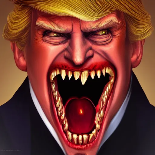 Image similar to portrait of donald trump dracula showing his fangs, intricate, elegant, highly detailed, centered, grungy, digital painting, artstation, concept art, smooth, sharp focus, boris vallejo